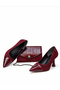 Women's Burgundy Suede Stiletto Croc Patterned Patent Leather Toe Shoes with Bag Set 7 cm Heeled Shoes - 4