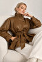 Women's Tan Brown Stand Collar Belted Stylish Soft Textured Lined Button Detailed Faux Leather Jacket - 3