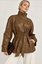 Women's Tan Brown Stand Collar Belted Stylish Soft Textured Lined Button Detailed Faux Leather Jacket - 5