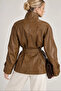 Women's Tan Brown Stand Collar Belted Stylish Soft Textured Lined Button Detailed Faux Leather Jacket - 4