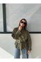 Women's Standing Collar Oversize Suede Jacket with Belt at the Waist - 3