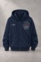 Unisex Sun Printed Three Yarn Combed Cotton Fabric Hooded Zippered Navy Blue Cardigan
