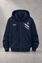 Unisex Racing Printed Three-Yarn Combed Cotton Fabric Hooded Zippered Navy Blue Cardigan
