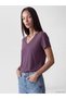 Two Mt Shop Quality Lcw Everyday Plum Diver Fabric Plain Narrow & Slim Short Sleeve Women's T-Shirt