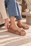 Alina Women's Brown Home Slippers Plush Furry Special Design Stone Detail Stylish Ribbon Closed Toe Soft Comfortable Insole Daily Home Office Shoes - 2