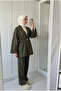 Women's Denim Look Gathered Waist Single Button Jacket Wide Leg Pants Two-Piece Set - 2