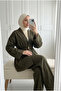 Women's Denim Look Gathered Waist Single Button Jacket Wide Leg Pants Two-Piece Set - 3