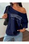 Women's Navy Blue Brooklyn Printed Boat Neck T-Shirt - 2