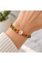 Orange Green Bead Detailed Ethnic Patterned Gold Look Women's Bracelet