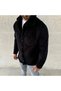 Men's plush fleece cardigan shirt – collared, button-up, chest pocket, soft-textured winter regular fit casual everyday style - black - 2