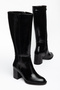 Women's Black High Heeled Leather Look Long Boots - 3