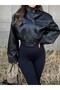 Pb Women's Black Faux Leather Jacket with Stand Collar Apolete