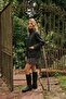Women's Zr Long Oversize Zippered Black Leather Jacket with Flap Pockets - 4