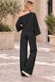 Women's Boat Neck Long Sleeve Bat Sleeve Stretchy Lycra Sweatshirt and Elastic Waist Pocketed Wide Leg Stretchy Lycra Pants Black Two-Piece Set - 4