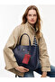 Women's Embossed Logo Patterned Navy Blue Shoulder Bag with Removable Shoulder Strap and Zipper Closure - 2