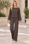 Women's Boat Neck Long Sleeve Bat Sleeve Stretchy Lycra Sweatshirt and Elastic Waist Pocketed Wide Leg Stretchy Lycra Pants Brown Two-Piece Set - 3