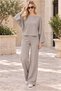 Women's Boat Neck Long Sleeve Bat Sleeve Stretchy Lycra Sweatshirt and Elastic Waist Pocketed Wide Leg Lycra Stretchy Pants Beige Two-Piece Set