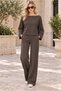Women's Boat Neck Long Sleeve Bat Sleeve Stretchy Lycra Sweatshirt and Elastic Waist Pocketed Wide Leg Stretchy Lycra Pants Brown Two-Piece Set - 5