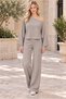 Women's Boat Neck Long Sleeve Bat Sleeve Stretchy Lycra Sweatshirt and Elastic Waist Pocketed Wide Leg Lycra Stretchy Pants Beige Two-Piece Set - 3
