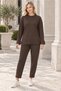 Women's Round Neck Long Sleeve Sweatshirt with Slit Detail in Lycra Stretch Fabric and Elastic Waist, Pocketed Legs with Woven Detail, Lycra Stretch Fabric Pants, Brown Two-Piece Set