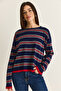 Women's Navy Blue-Red Crew Neck Striped Oversize Slim Knitwear Blouse 0543 60286536 - 2