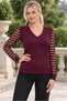Women's V-Neck Long Sleeve Sleeves with Stripe Detail, Body-Fitting, Flexible Lycra, Stylish Casual Burgundy Knitwear Blouse - 2