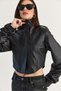 Women's Black Corset Detailed Draped Sleeves Cropped Faux Leather Jacket 8057 60286527 - 7