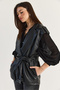 Women's Black Epaulet Belted Lined Faux Leather Vest with Pocket Detail 11171 60286530 - 4