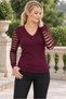 Women's V-Neck Long Sleeve Sleeves with Stripe Detail, Body-Fitting, Flexible Lycra, Stylish Casual Burgundy Knitwear Blouse - 6
