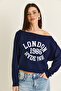Women's Navy Blue London Printed Boat Neck Modal Blouse 6199 60286522 - 2