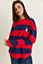 Women's Red-Navy Blue Striped Oversize Sweatshirt with Embroidery Detail 6206 60286534 - 7