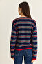 Women's Navy Blue-Red Crew Neck Striped Oversize Slim Knitwear Blouse 0543 60286536 - 7