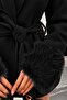 Women's Black Fur Detailed Sleeves Belted Shawl Collar Lined Cashmere Short Coat - 4