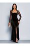 Women's Long Sleeve Geometric Collar Tulle Detailed Slit Long Velvet Evening Dress, for Wedding Invitations Special Occasions - 3