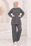 Women's Shoulder Copper Button Detailed Crew Neck Oysho Fabric Wide Leg Tunic Trousers Hijab Double Set - 7