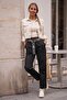 Black Pocketed Belted Elastic Waist Straight Leg Casual Lycra Woven Trousers 100 60