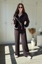 Zippered Waist Drawstring Modal Brown Pants Cardigan Set - 9