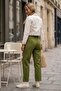 Green Pocketed Belted Elastic Waist Straight Leg Casual Lycra Woven Trousers 100 60 - 8