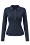 2246 Women's Polo Collar Buttoned Long Sleeve Slim Fit Blouse Navy Blue
