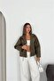 Women's Khaki Stand-Up Collar Snap-Fastened Suede Look Bomber Jacket Nbk010 - 2