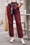 Burgundy Pocketed Belted Elastic Waist Straight Leg Casual Lycra Woven Trousers 100 60 - 7