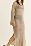Women's Beige Glittery Mercerized Slit Detailed Backless Maxi Pareo 2769 60286429 - 7