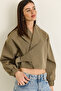 Women's Khaki Lined Shawl Collar Belt Detailed Crop Oversize Trench Coat 2825 60286547 - 4