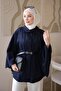 Navy Blue Oversize Patterned Belted Cashmere Poncho