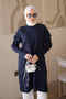 Navy Blue Mercerized Knitwear Tunic with Sleeve Collar Detail - 4
