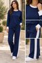 Women's Long Sleeve Crew Neck Viscose Two-Thread Blouse Stripe Detailed Wide Leg Pants Two-Piece Set - 4