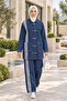 Women's Striped Detailed Buttoned Pocket Dark Blue Denim Two-Piece Set - 2