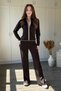 Piping and Zippered Modal Fabric Brown Cardigan Trouser Set