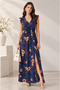 Women's Short Sleeve V-Neck Slit Detail Floral Patterned Long Dress - 2