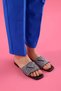 Rovena Real Leather Women's Silver Crystal Stone Slippers Black - 2